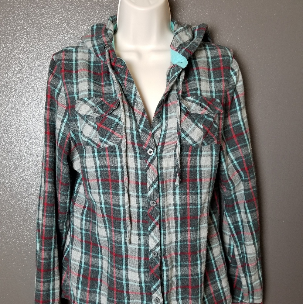 Empyre Teal, Red, & White Plaid Hooded Button Up
